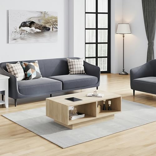 Miniatura 4 de Showha Mesa De Centro De Roble Claro, Mesa Central De Té Para Salón, Moderna Y Elegante, Mesa De Café Rectangular Con 2 Compartimentos Abiertos, Mesa Auxiliar Rectangular, Mesa De Sofá, Para