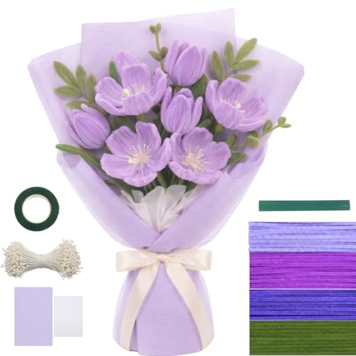 Image of YUNAMI Chenille Stems for DIY Flower Making - 200 Pcs Pipe Cleaners with Floral Wire, Tape, Stamen & Wrapping Paper - Premium Bouquet Supplies for Home Decor & Gifting (Purple)