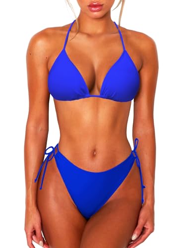 OZICERD 2 Piece Bikini Sets for Women Halter Triangle Bikini Tops Brazilian String Swimsuit Full Coverage Bottom Bathing Suit Blue M