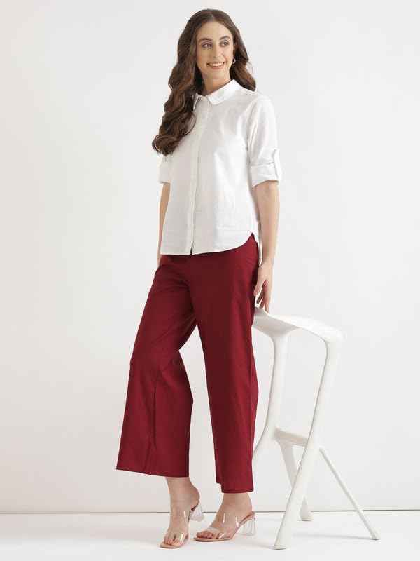 Image of SAADAA Women's Relaxed Fit Mid Rise Airy Linen Wide Leg Pants, High Waist Trousers for Formal, Casual & Office Wear