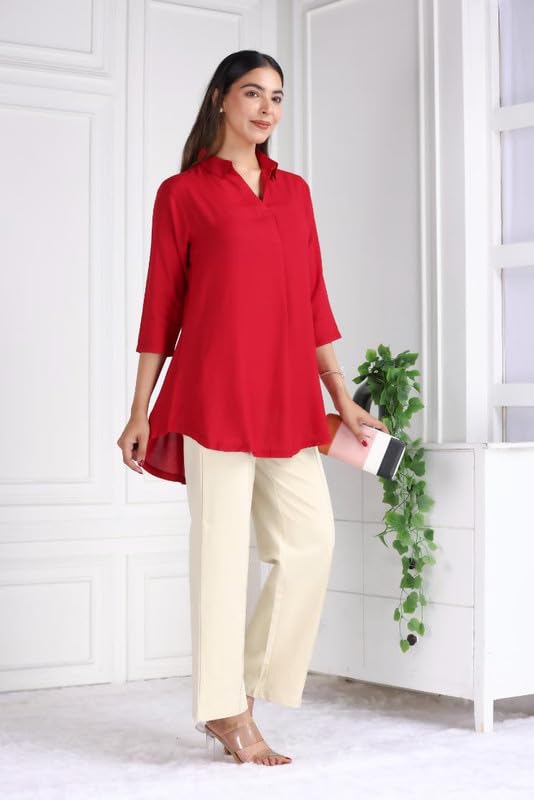 Image of Mlada Rayon Flare Top for Women | 3 /4th Sleeve Regular Fit and Flare Top | Women Office Tops Tunic | Western Long Shirt Top for Women | Shirt Collar Top for Women | Rayon Tunic Tops for Women Western