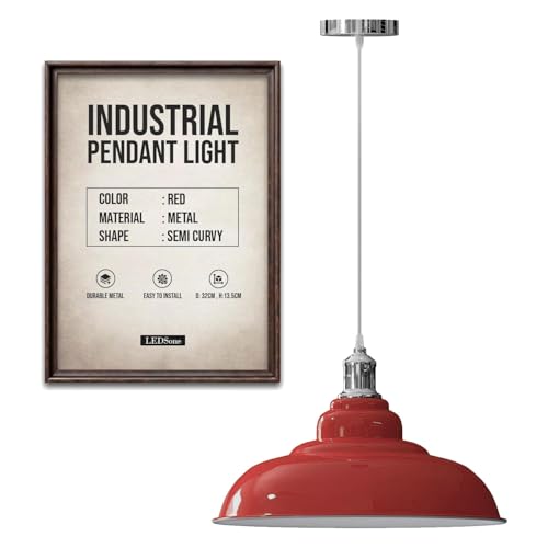 LEDSone Lámpara colgante de techo de estilo retro industrial rojo con pantalla de metal de 32 cm, kit de iluminación E27 (Rojo)