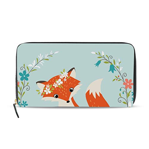 Portefeuille long cuir femme motif renard fleurs grand format zippé