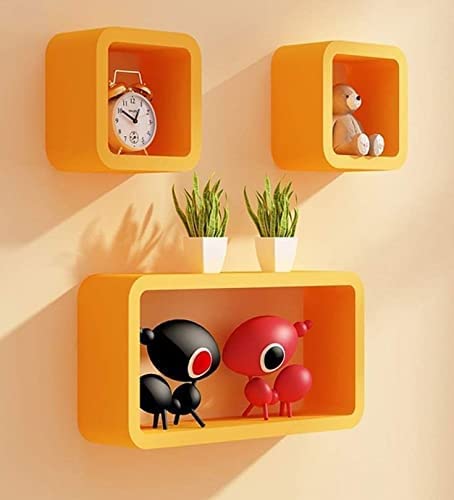 Wooden World Cube Floating, Wall Shelf, for Living Room,Drawing Room. (Set of 3) (Brown) (Orange)