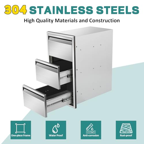 Image of Outdoor Kitchen Drawers 14 inch W x 25.4 inchH x 21 inchD Stainless Steel Drawer BBQ Triple Drawers with Hidden Handle for Outdoor Kitchen Island, Patio Grill Station