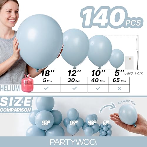 Image of PartyWoo Dusty Blue Balloons 140pcs Different Sizes of 18 12 10 5 Inch Light Blue Aqua Boho Balloon Arch Kit Garland for Graduation Baby Shower Gender Reveal Birthday Party Decorations Blue-F28