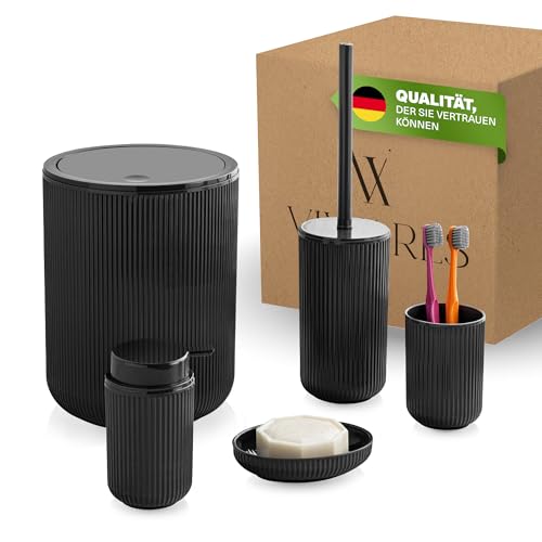 Viwares 5-teiliges Badzubehör Set Schwarz – WC-Bürste, Seifenspender,...