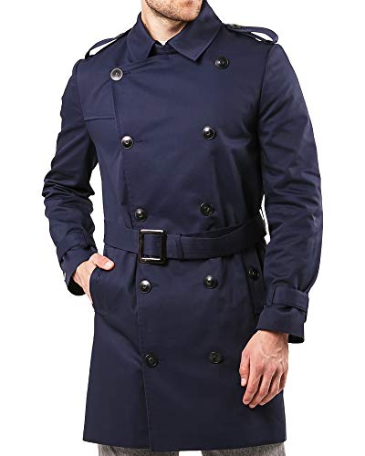 Mens Trench Coat Raincoat Fall Light Jackets for Men Rain Double Breasted Suit Slim Windbreaker Overcoat Over Lightweight Outerwear Tall Long Belted Top Trenchcoat Spring Peacoats Belt (Blue, M)