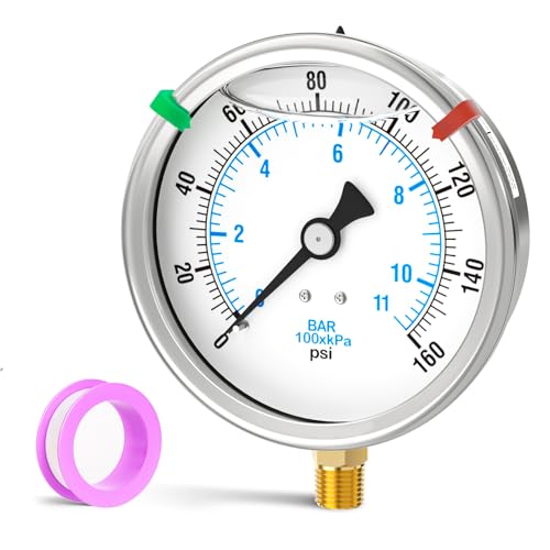 0-160PSI Stainless Steel Liquid Filled Pressure Gauge, 4" Dial Size, 1/4" NPT Lower Mount, for Tube, Water Pump, Gas, Liquid, Pressure Test (with Range Mark Pointer)