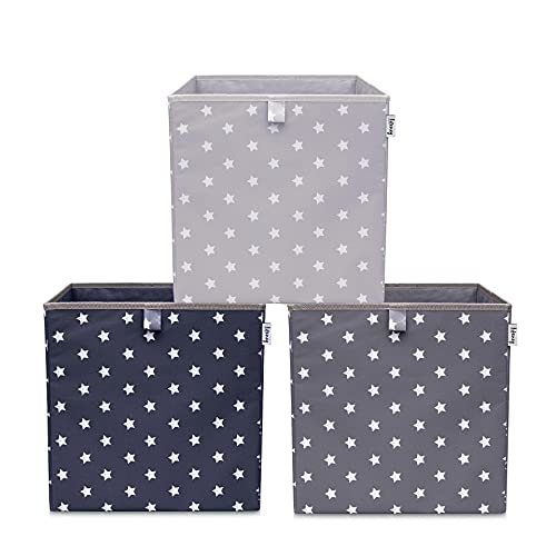 LIFENEY Aufbewahrungsbox 3er Set Sternenmotiv in Grau, Anthrazit & Dunkelgrau I Spielzeugbox mit Sternen passend für Würfelregale I Aufbewahrungskorb als Accessoire für dein Zuhause | 33x33x33 cm