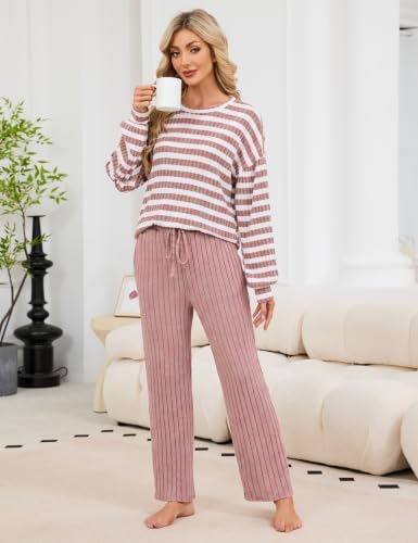 Image of Blooming Jelly Women Ribbed Long Sleeve Pajama Sets Fall Loungewear Pockets