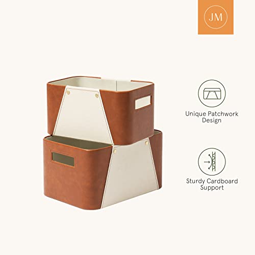 La Jolie Muse Storage Baskets For Organizing, 2 Pack, Storage Cube Boxes Luxury Brown Vegan Leather And Beige Greige Fabric For Closet Shelf Cabinet Bookcase thumb #4