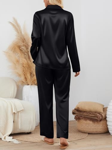 LILLUSORY Satin Silk Pajama Set for Women Fall 2 Piece Button Up Side Slit Matching Pjs Cute Long Sleeve Lounge Shirts Pants4