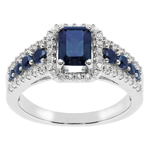 2.10 Cttw Emerald Shape Simulated Blue Sapphire & White Cubic Zirconia Wedding Engagement Ring in 14K White Gold Plated 925 Sterling Silver