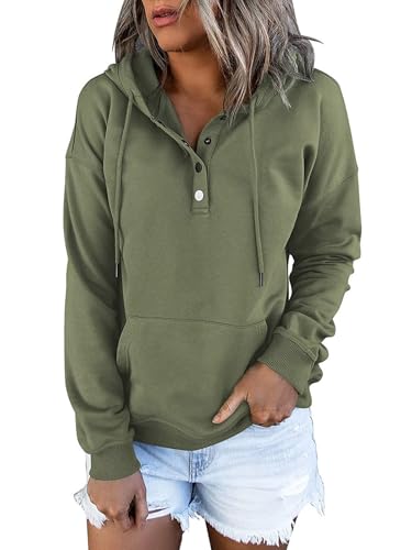 Pullover Hooded Sweatshirt for Women Long Sleeve Button Down Drawstring Pullover Fall Trendy Outwear with Pockets (Green,Medium)
