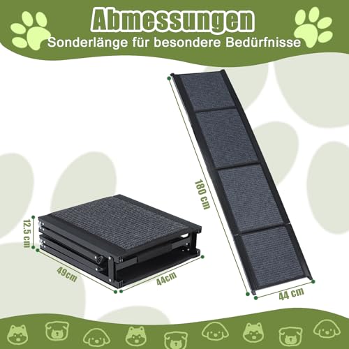 SMONTER 180cm Extra Long Hunderampe Auto klappbar mit High Traction Teppichoberfläch, einstiegshilfe Hunderampe für Autos, LKWs und SUV Stabil Rampe Hund für Große Und Mittel Hunde, Schwarz