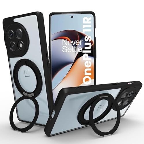 Image of RIGGEAR Shockproof Sleek Hybrid Armor 360 Rotating Magnetic Ring Stand Back Cover Case Compatible with MagSafe Accessories for OnePlus 11R (Clear PC + Black TPU Bumper)