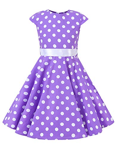 Girls 50S Vintage Polka Dot Purple Dress Summer Swing Casual Clothes 10-11 Years(3017-150) #TOP6