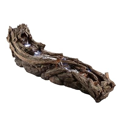 Alpine Corporation 80" Long Indoor/Outdoor Wood River Log Water Fountain with LED Lights, Cascading Natural Water Feature for Gardens, Patios, Yards, and Outdoor Decor, Brown and Gray