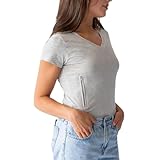 Clever Travel Companion Pullover Womens Tshirt - V Neck Fitted T Shirts Short Sleeve Summer Tops - Travel Safety Tee Shirt with 2 Pickpocket and Loss Proof Secret Pockets - (X-Large, Gray)