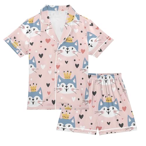 ALAZA Cat Polka Dot Heart Cartoon Pajamas Satin Pajama Set Short Sleeve Button Down Sleepwear