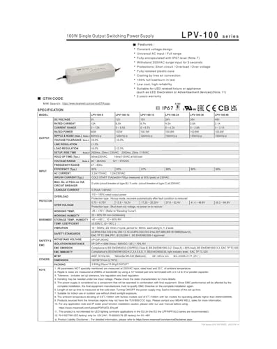 Alimentation étanche IP67 LPV-100 transformateur LED 12V 24V
