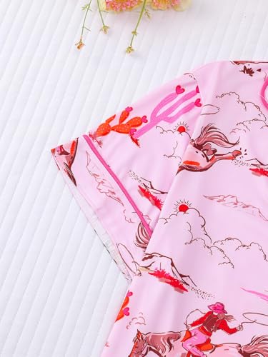 Image of RONGTAI Womens Pajama Sets Button Down Short Sleeve Western Horseman and Cacti Print Lapel Shirt with Pocket Matching Pj Shorts Two Piece Loungewear Set Pink S