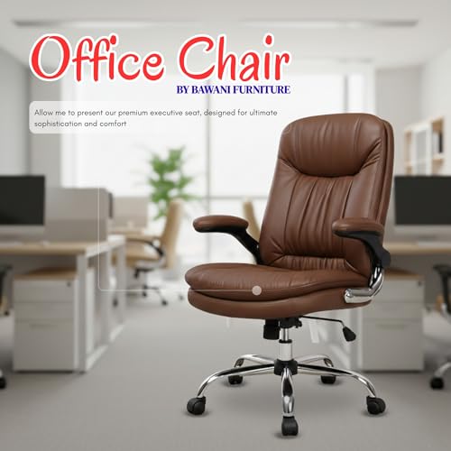 Image of Premium Leatherette Executive Office Chair with Chrome Base & Padded Armrests | Adjustable Height Swivel Desk Chair for Office & Home (Brown)