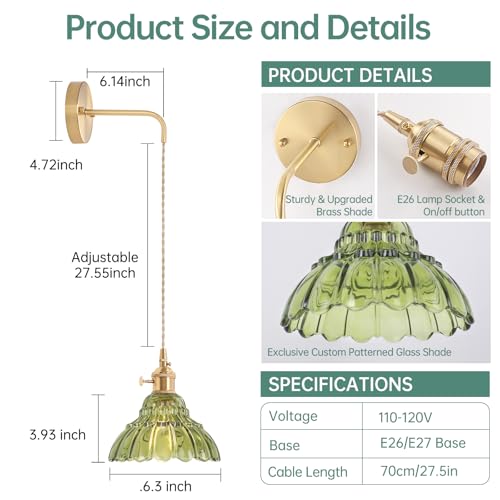 Image of Shenmoyl Vintage Wall Sconce with Green Lily of the Valley Shade Pattern Glass Adjustable Chain Retro Gold Wall Mounted Light, Modern Wall Lamp Fixtures Decor for Bedside Bedroom Indoor Doorway