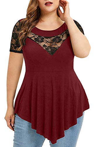 Chvity Womens Plus Size Tops O-Neck Asymmetric Short Sleeve Tunics Lace Blouse Shirts for Summer 4X Wine Red