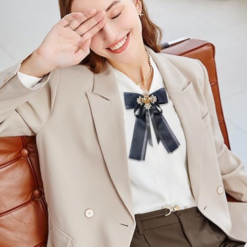 Image of Retro Chic Ribbon Bow Tie Brooch Pins for Women Girls Uniform Pre-Tied Bowknot Corsage Party Ceremony Accessories