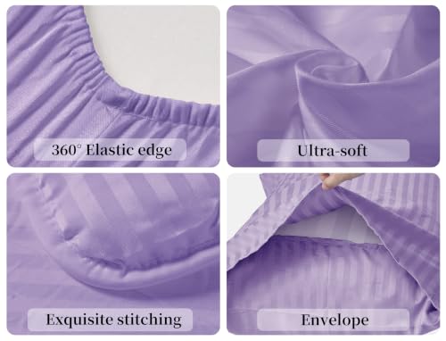 Image of ZPECC Toddler Bedding Set - 4 Piece Hypoallergenic Baby Crib Bedding Set for Boys and Girls, Includes Toddler Comforter, Flat Sheet, Fitted Sheet and Pillowcase, Purple Stripe