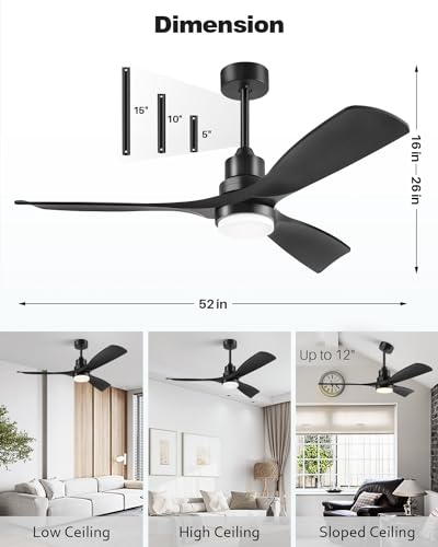 Image of Ceiling Fan with Lights Remote Control, 52 Inch Black Ceiling Fans with 3 Downrods, 3 Blades, Timer, 6 Speed Modern Fan Quiet Reversible DC Motor for Patio Bedroom Outdoor /Indoor,52in,Black