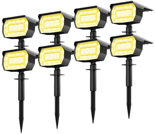 8 Pezzi Luci Solari da Giardino Potenti, 72 LED Faretti Solari a LED da Esterno, Faretto Lampade Solare 3 Livelli di Luminosità, Impermeabile Lampioni Solar per Piscina Cortile Alberi, Bianco Caldo