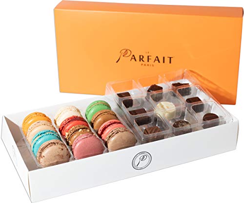 Le Parfait Paris: French Macarons and Chocolate Bonbons Gift Box - Gourmet Desserts Snack Box for Baby Shower, Birthdays, Motherâ€™s Day, Anniversary - 12 Pieces Macarons, 18 Pieces Chocolate Candy