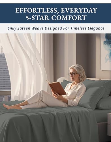 Image of LANE LINEN Sheets Queen Size Bed Set Cotton Sateen Weave - Dark Grey | Cream Sheets Queen - 4-Piece Set, For A Luxurious Night's Sleep, For Guests And Everyday Use, Guest-Ready Comfort