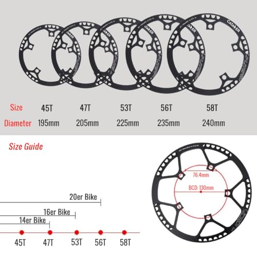 catazer Bike Chainring 130BCD Aluminum Alloy Ultralight Bicycle Chainring 45T 47T 53T 56T 58T BMX Chainwheel for Folding Bicycle (Black,47T) - Thumbnail 4