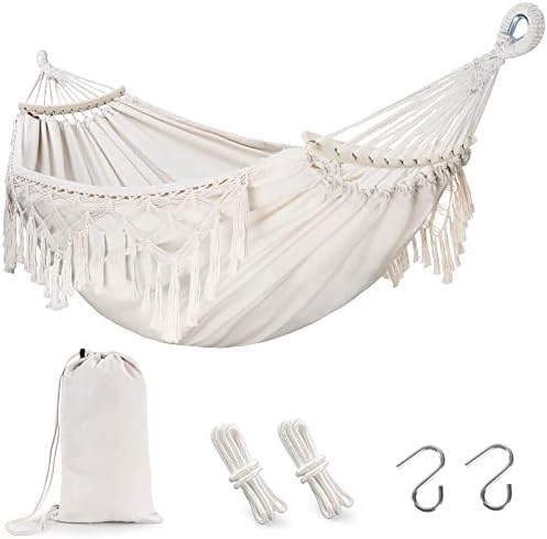 Oriolus Double Boho Macrame Hammock with Spreader Bar and Tassels Heavy Duty Indoor Outdoor 2 Person Hammock for Bedroom Patio Porch Backyard Max Load Upto 350 lbs, Cream