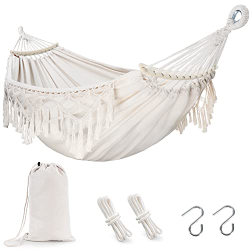 Oriolus Double Boho Macrame Hammock With Spreader Bar And Tassels Heavy Duty Indoor Outdoor 2 Person Hammock For Bedroom Patio Porch Backyard Max Load Upto 350 Lbs, Cream #TOP3