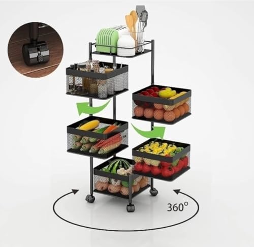 Image of Well Set Metal 5-Layer Revolving Kitchen Storage Rack with Wheels | Multipurpose Organizer for Fruits, Vegetables, Groceries & Spice | Heavy Duty Square Design Kitchen Trolley (Black)