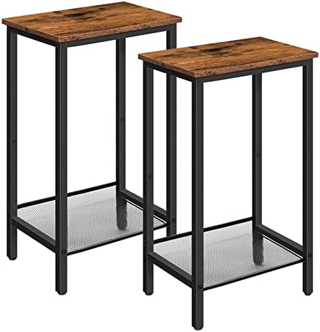 HOOBRO Tall Side Table Set of 2, Industrial End Telephone Table with Adjustable Mesh Shelves, Small Entryway Table, Laptop Table for Office, Hallway, Living Room, Rustic Brown and Black BF03DHP201