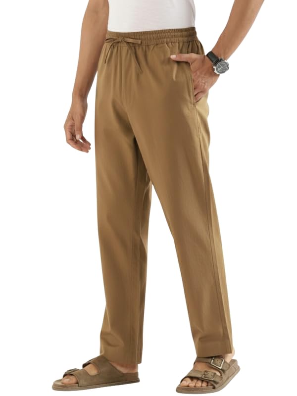 Image of SAADAA Men's 100% Cotton Pants | Mid-Rise Straight Fit Casual Trousers with Elastic Waistband and 3 Pockets | Everyday Wear