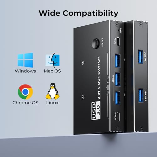 USB 3.0 Switch 2 Computers Sharing USB C & A Devices,Easy One-Click Device Switching with USB-C Cable & USB-A Cable,USB Switch Hub Share Keyboard Mouse Printer Scanner(USB3.0 2in4out)