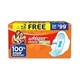 WHISPER CHOICE SANITARY PADS, 20 REGULAR PADS, UPTO 100% STAIN PROTECTION ALL DAY, WITH MAGIC ANTI LEAK AREAS, DRY TOP SHEET, WITH WINGS, DISPOSABLE PADS