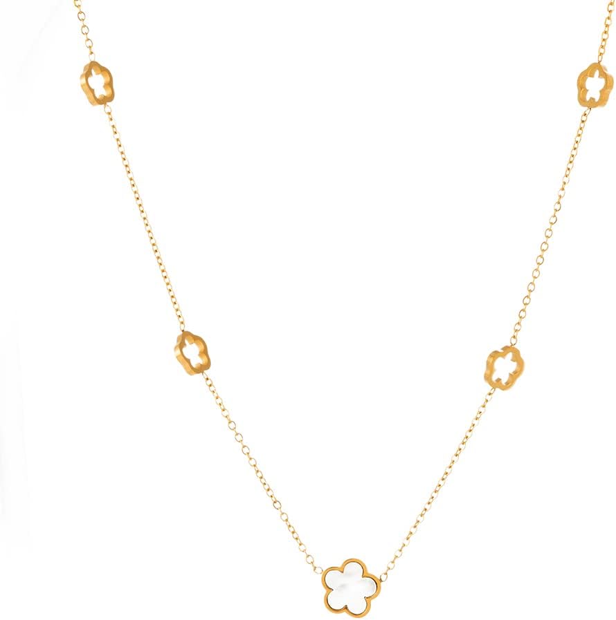 ZheByliaFive Leaf Flower Shell Necklace Ladies 18K Gold Plated Stainless Steel Necklaces Women Statement Pendants