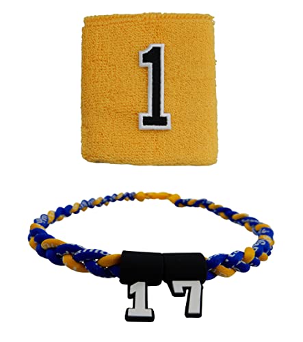 Sports Farm - Customized Sport Wristband and Necklace Combo Set with Jersey Number - Golden Yellow (Yellow Royal Blue)