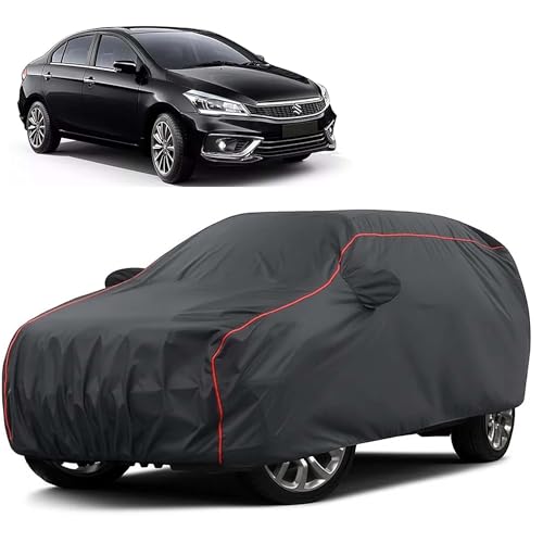 Image of Sulfar 100% Water Resistant Car Body Cover Compatible with Mirror for Maruti Suzuki Ciaz (Triple Stitched, Full Bottom Elastic, Dark Grey Taffeta with Red Piping)