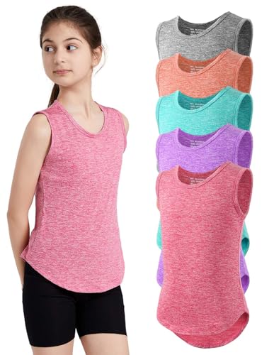 ATTIQOZI 5 Pack Mädchen Unterhemd Sommer Ärmellose Rundhals Kinder Tanktops für Mädchen Soft Breathable Tank Tops für Running Hiking Tennis Yoga Sc/Or/Grün/Lila/Rosenrot L