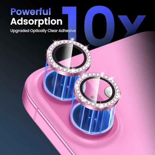 Image of Diamond Camera Lens Protector for iPhone 16 & iPhone 16 Plus Pink HD Clear 9H Hard Tempered Glass Camera Cover Waterproof Easy Install Full Camera Protection Anti Drop Case Friendly Luxury Shiny Diamond Design