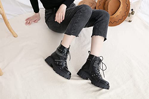 Jeossy Women's 9621 Black Combat Boots Women, Lace Up Ankle Boots Women, Motorcycle Boots, Platform Moto Chain Studded Side Zipper Booties Size 7.5(Djy9621 Black 07.5) #TOP1
